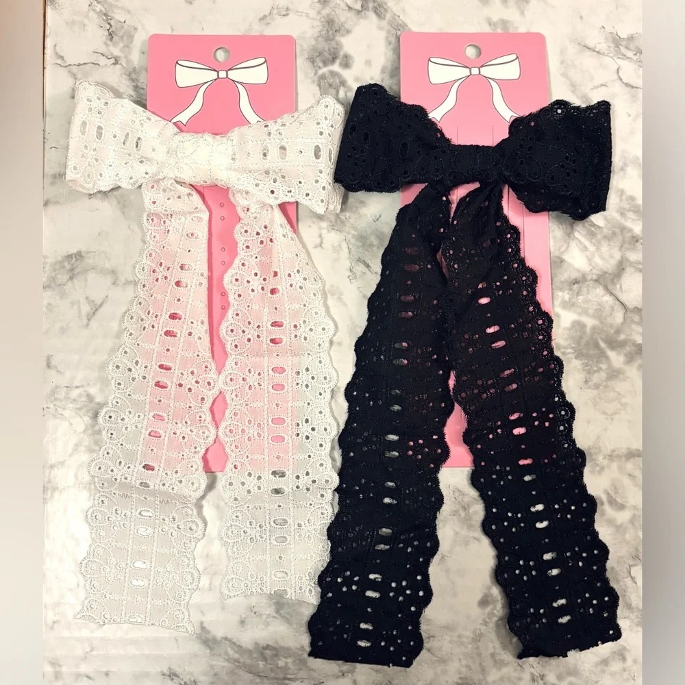 Lot of 2 Hair Bow Clips Lace Black White NWT New